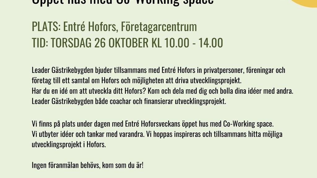 Inbjudan till 26 oktober, Entré Hofors co-work space