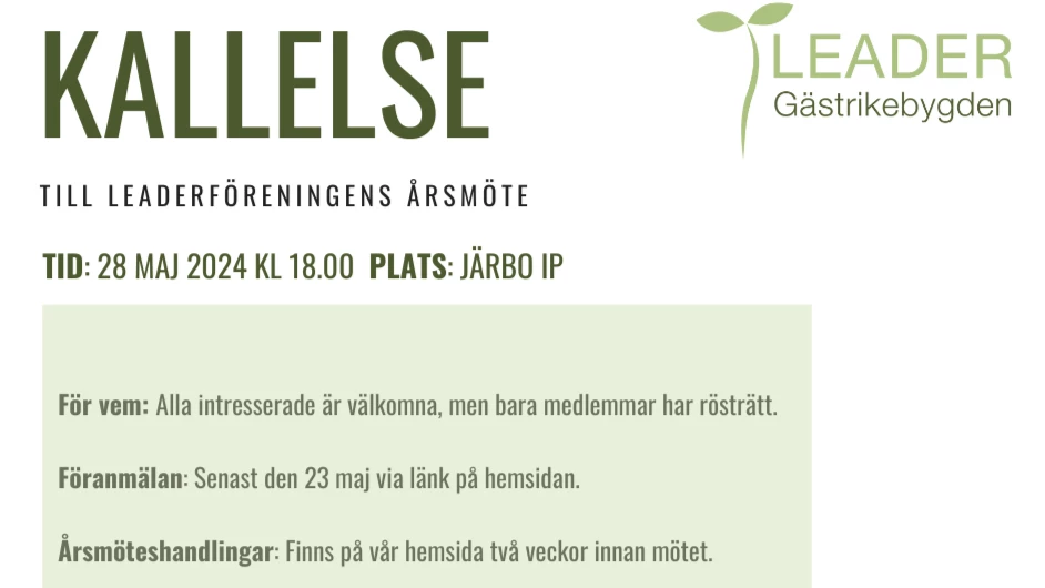 Kallelse årsmöte 28 maj kl 18